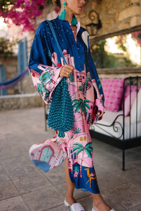 LB | Seaside Stroll Satin Unique Print Button Up Long Sleeve Slit Kaftan Midi Dress