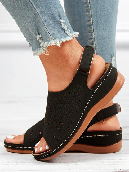 AS | Ethnic Pattern Punched Hollow Velcro Retro Sandały