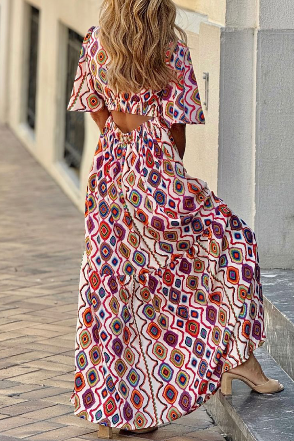 LB | Vintage V-neck sukienka midi w kratkę z krótkim rękawem