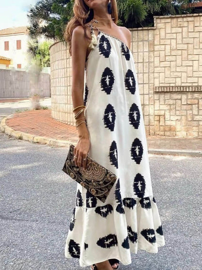 LB | Sunshine Ethnic Print One Shoulder Loose Maxi Dress