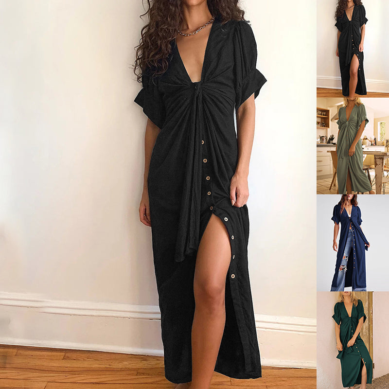 LB | Ladies Twist Front Puff Sleeve Solid Slit Maxi Dress