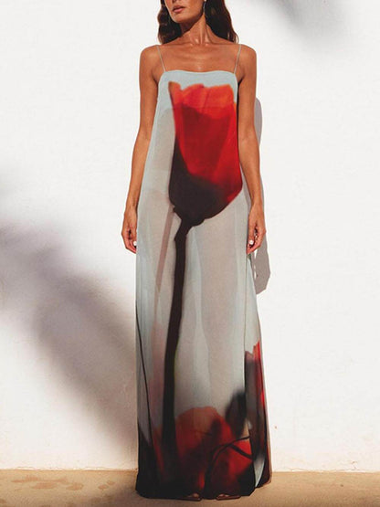 LB | Holiday Abstract Tulip Print Slip H-Line Maxi Dress