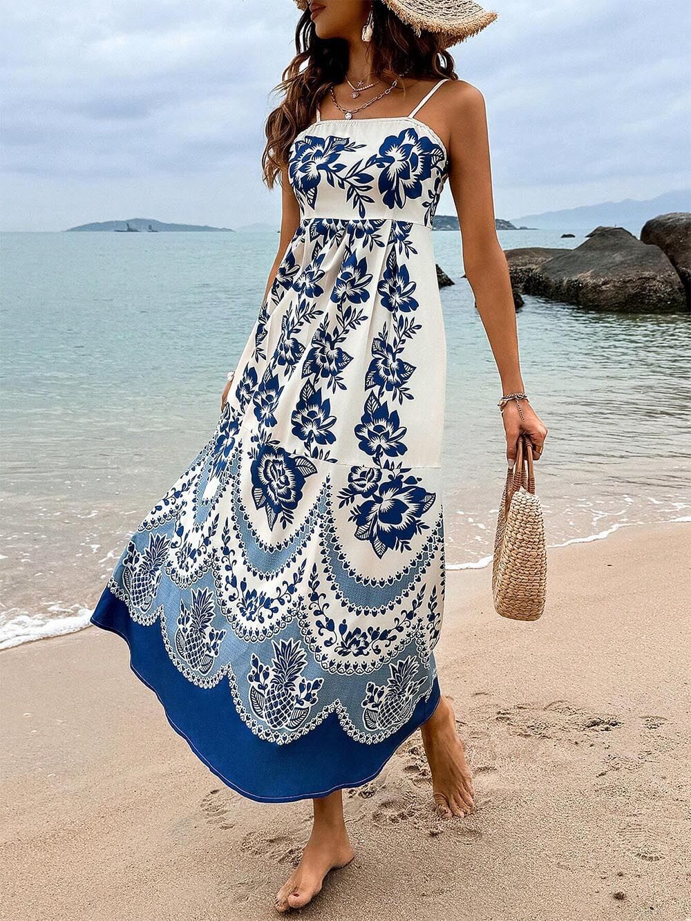 LB | Floral Ethnic Print Back Smocked Loose Midi Dress