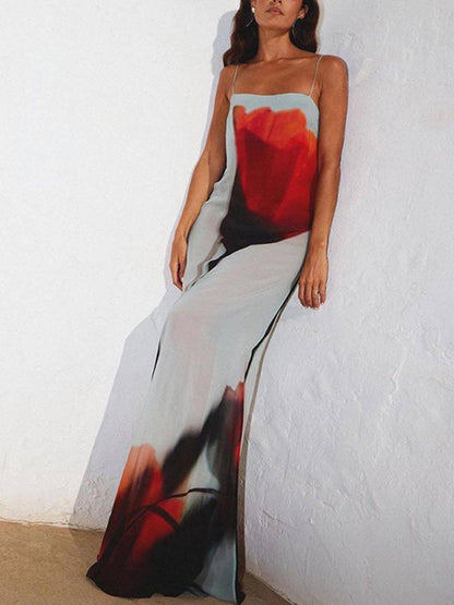 LB | Holiday Abstract Tulip Print Slip H-Line Maxi Dress