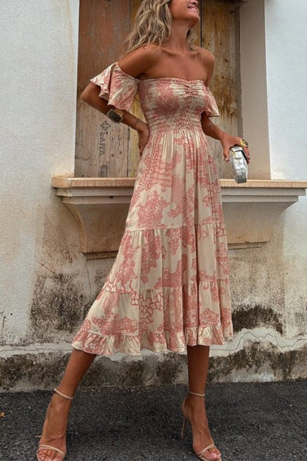 LB | Pitaya Unique Print Off Shoulder Smocked Ruffle Sleeve Warstwowa sukienka midi