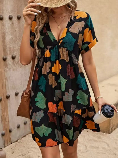 LB | Sukienka mini boho z krótkim rękawem i nadrukiem V-neck
