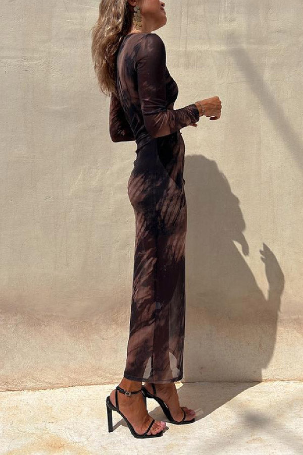 LB | Charm Lady Mesh Overlay Tie Dye Print Long Sleeve Ruffled Stretch Midi Dress