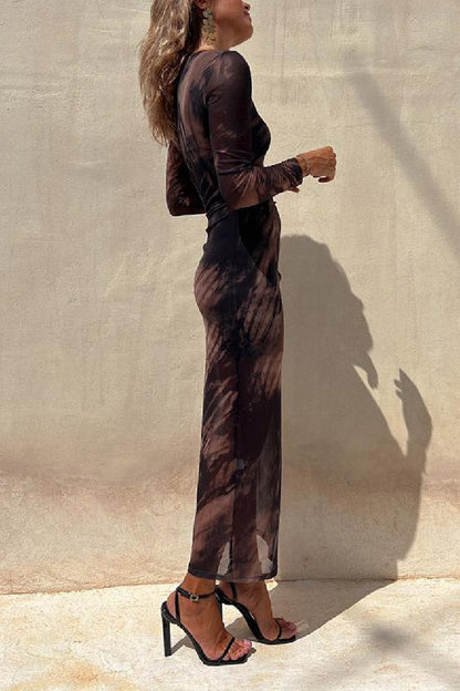 LB | Charm Lady Mesh Overlay Tie Dye Print Long Sleeve Ruffled Stretch Midi Dress