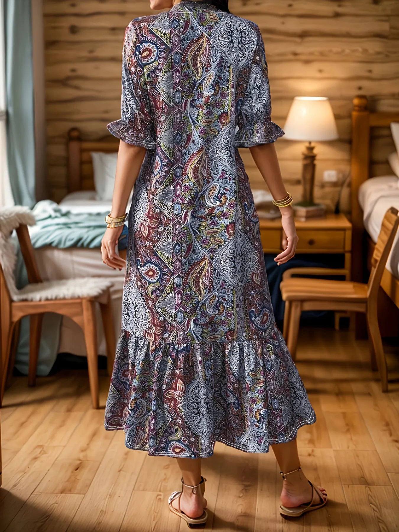 LB | Full Size Bohemian Paisley Print Ruffle Hem Midi Dress Plus Size