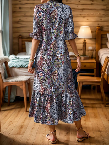 LB | Full Size Bohemian Paisley Print Ruffle Hem Midi Dress Plus Size
