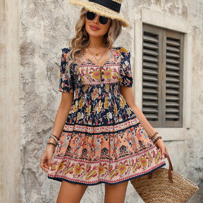 LB | Moda Bohemia sukienka mini z marszczonym dołem