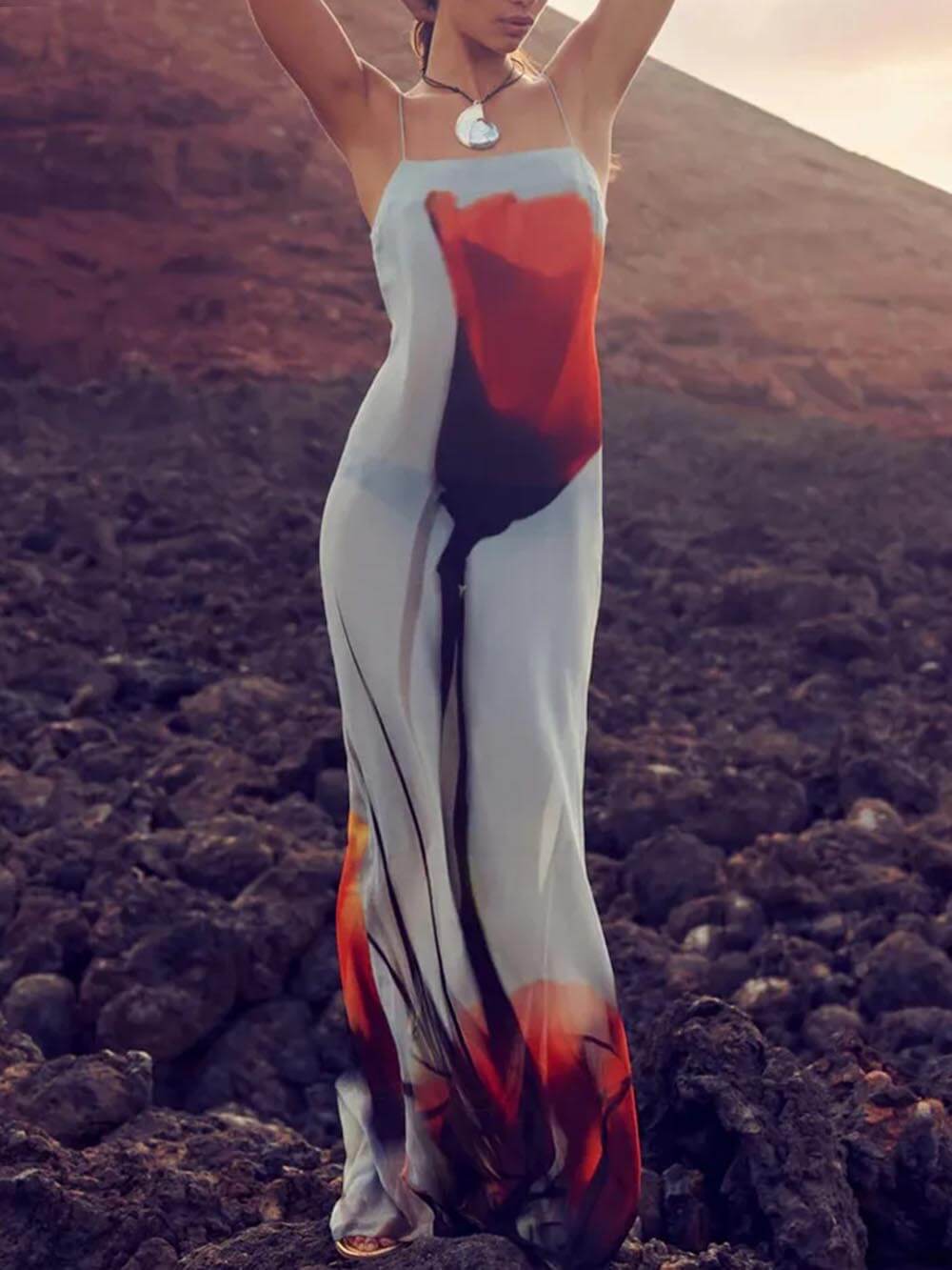 LB | Holiday Abstract Tulip Print Slip H-Line Maxi Dress