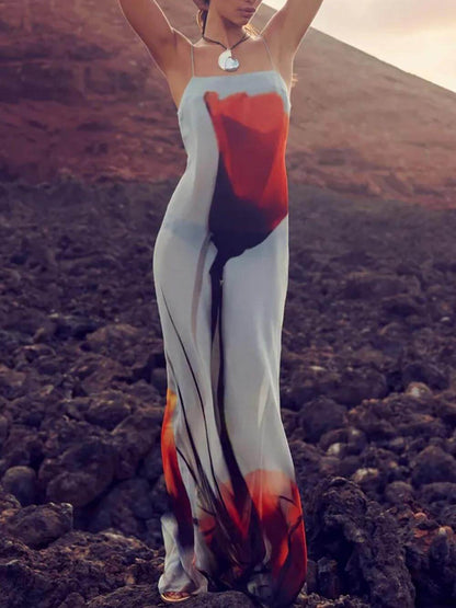 LB | Holiday Abstract Tulip Print Slip H-Line Maxi Dress