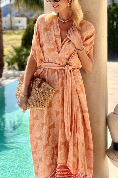 LB | Fashion Conch Print V-Neck Lace-Up Beach Midi Dress