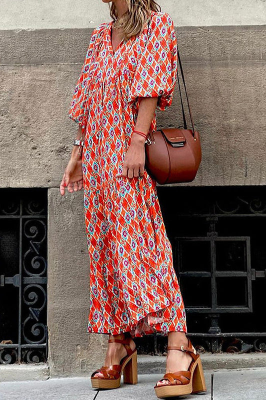 LB | Sukienka midi w stylu boho z krótkim rękawem