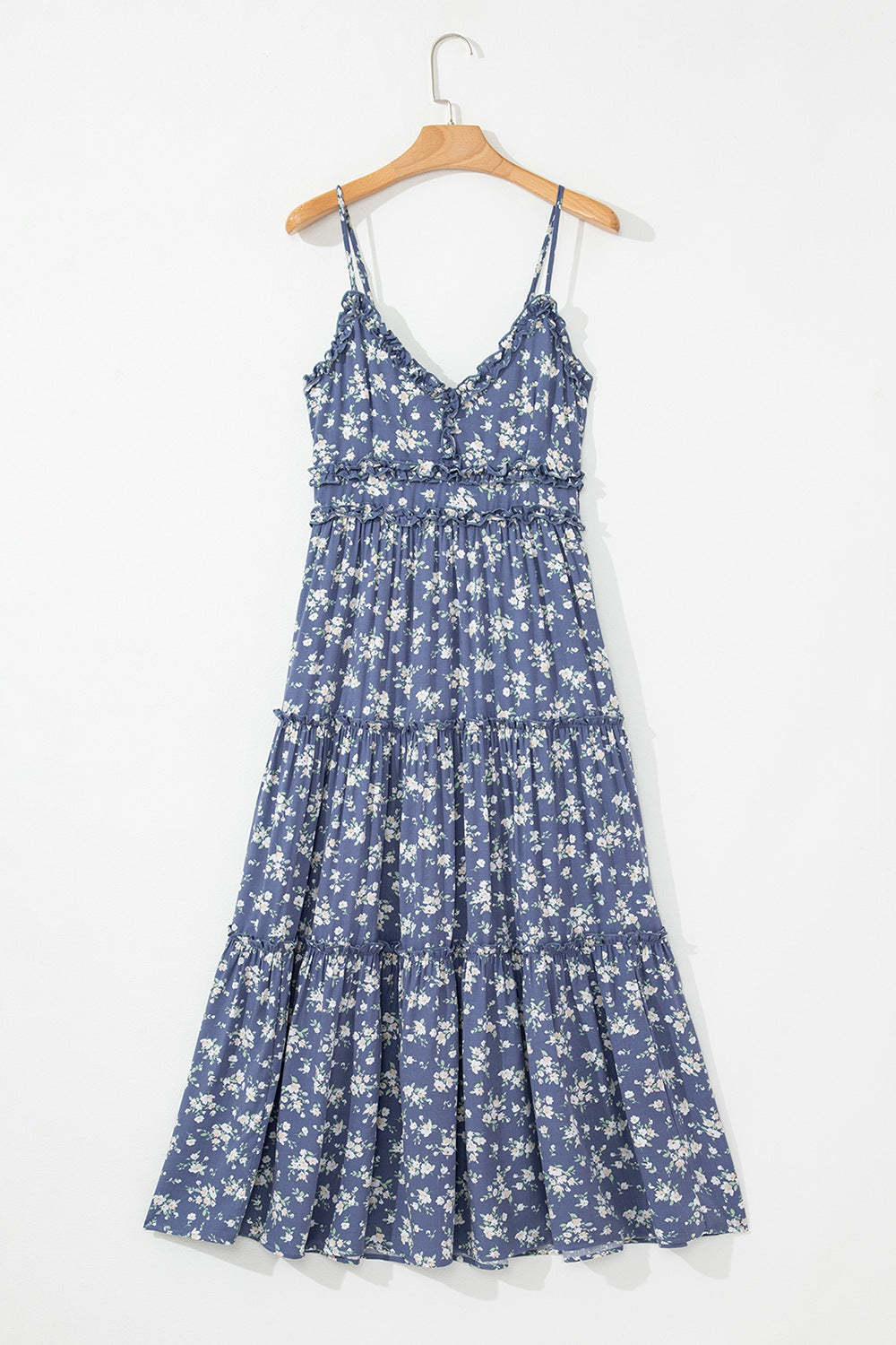 LB | Floral Spaghetti Strap Ruffle V Neck Tiered Midi Dress