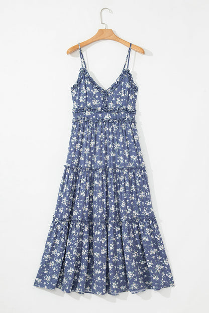 LB | Floral Spaghetti Strap Ruffle V Neck Tiered Midi Dress