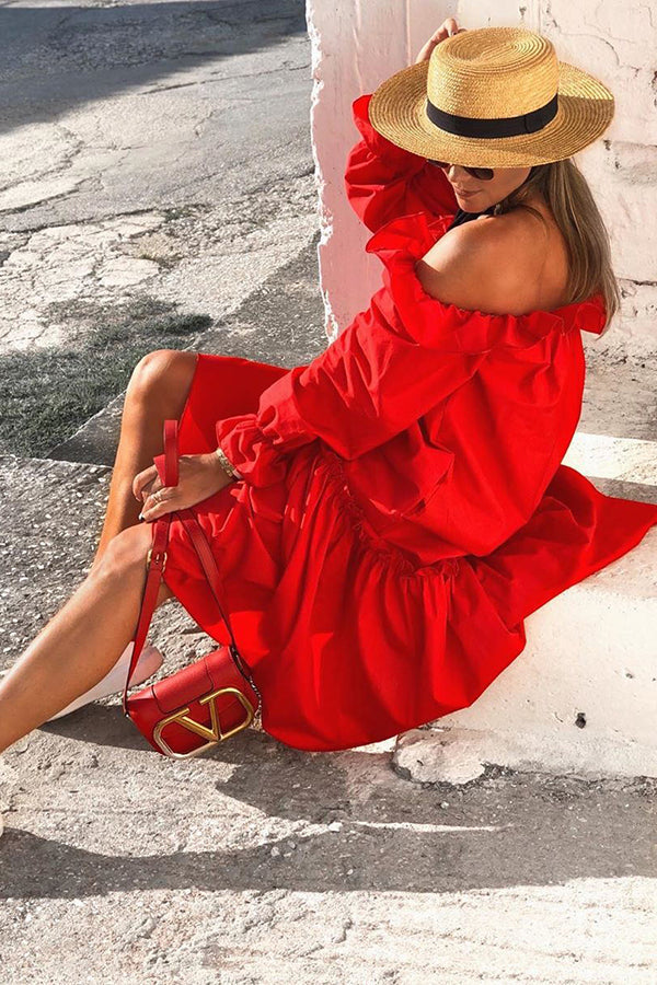 LB | Fionna Off Shoulder Ruffle Irregular Trim Luźna sukienka midi