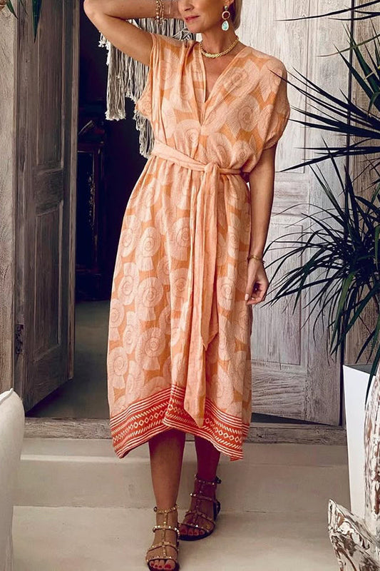 LB | Fashion Conch Print V-Neck Lace-Up Beach Midi Dress