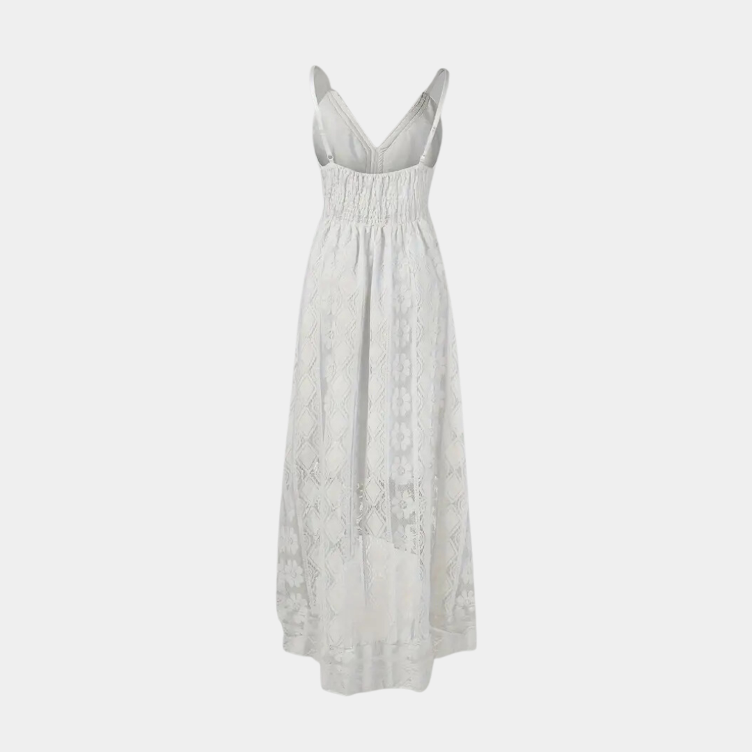 LB | Damska sukienka midi - Luźny krój - Koronkowe detale - Dekolt w szpic - Styl boho - Oddychający materiał