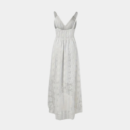 LB | Damska sukienka midi - Luźny krój - Koronkowe detale - Dekolt w szpic - Styl boho - Oddychający materiał