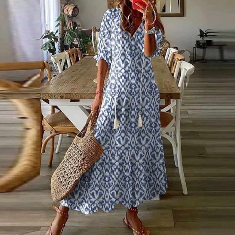 LB | Sukienka maxi w stylu bohemy z kwiatowym nadrukiem i krótkimi rękawami