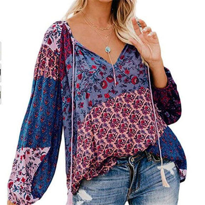 LB | Damska bluzka Boho Baggy Floral z długim rękawem