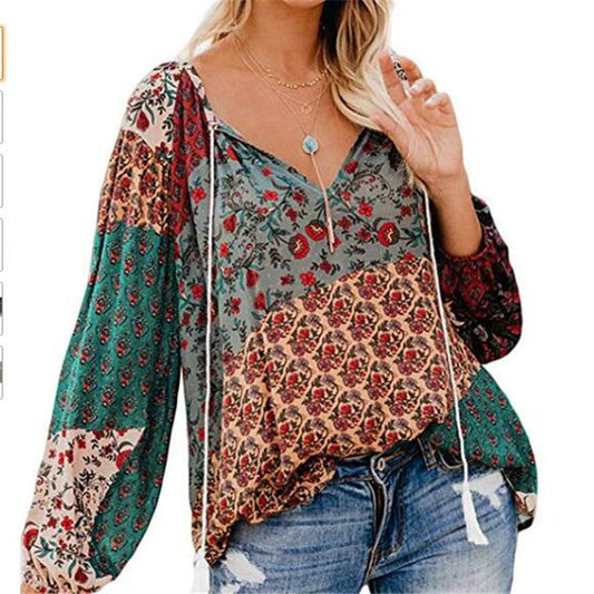 LB | Damska bluzka Boho Baggy Floral z długim rękawem