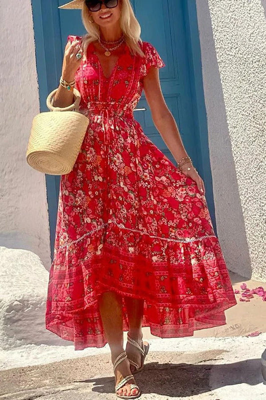 LB | Summer in Greece Boho Print Ruffle Sleeves Elastyczna talia Sukienka midi z wysokim stanem