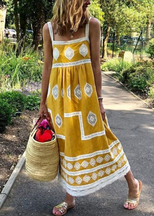 LB | Yellow Square Neck Boho Print Tank Maxi Dress