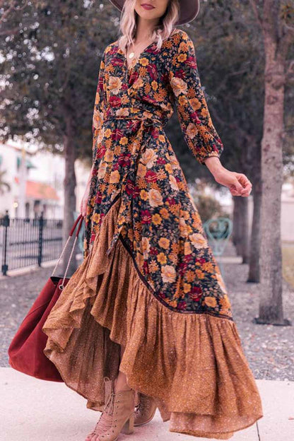LB | Florcoo Sukienka maxi z długim rękawem i nadrukiem w stylu retro