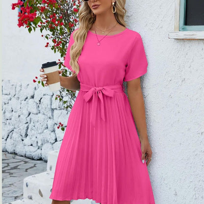 LB | Elegancka plisowana sukienka midi Klasyczny wiązany pasek