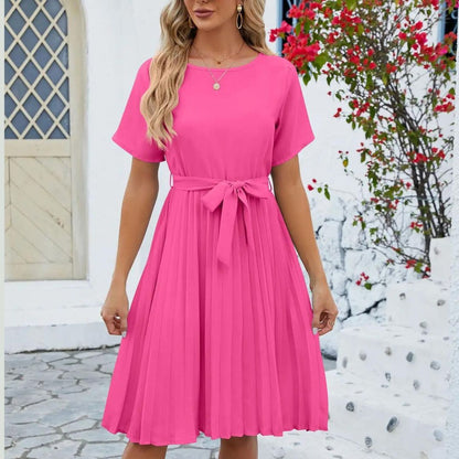 LB | Elegancka plisowana sukienka midi Klasyczny wiązany pasek