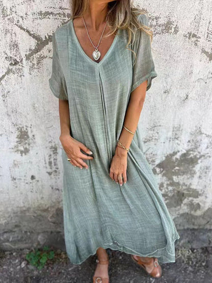 LB | Full Size V-Neck Sukienka midi z krótkim rękawem Plus Size
