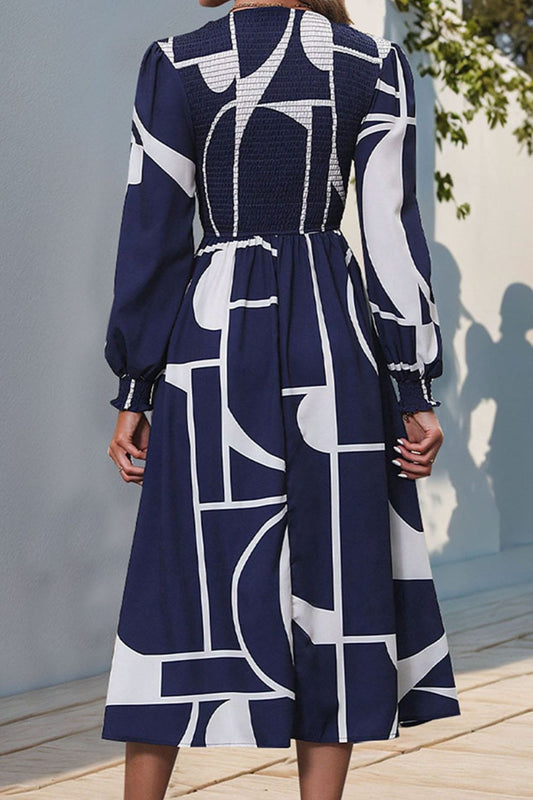 LB | Smocked Colour Block Sukienka midi z długim rękawem