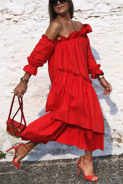 LB | Fionna Off Shoulder Ruffle Irregular Trim Luźna sukienka midi