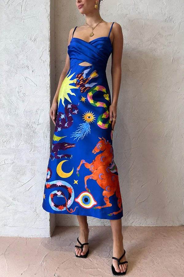 LB | Main Stage Unique Printed Ruffled Cross Over Detail Strap Midi Dress