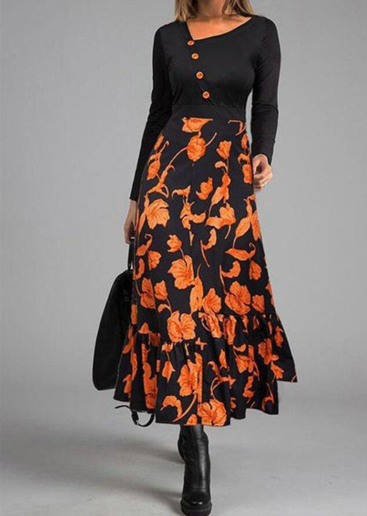 LB | Elegancka Patchwork Button Down Slim Waist Party Dress Retro Floral Print Long Sleeve Boho Dress Women Diagonal Collar Maxi Dress