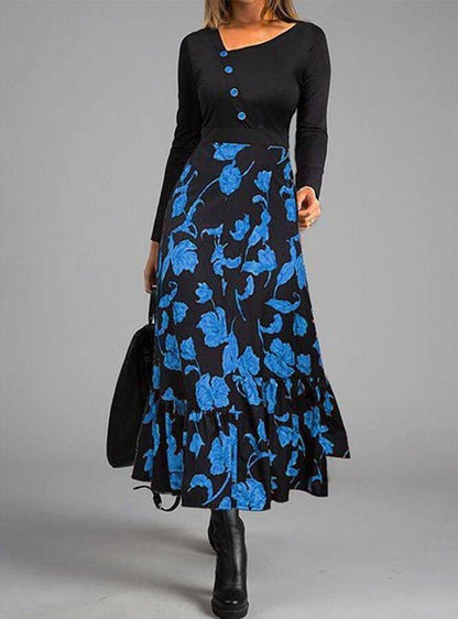 LB | Elegancka Patchwork Button Down Slim Waist Party Dress Retro Floral Print Long Sleeve Boho Dress Women Diagonal Collar Maxi Dress