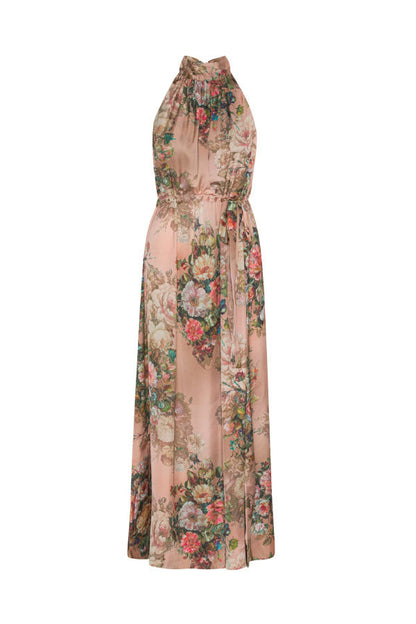 LB | Elegancka sukienka maxi z dekoltem w serek w róże w stylu vintage