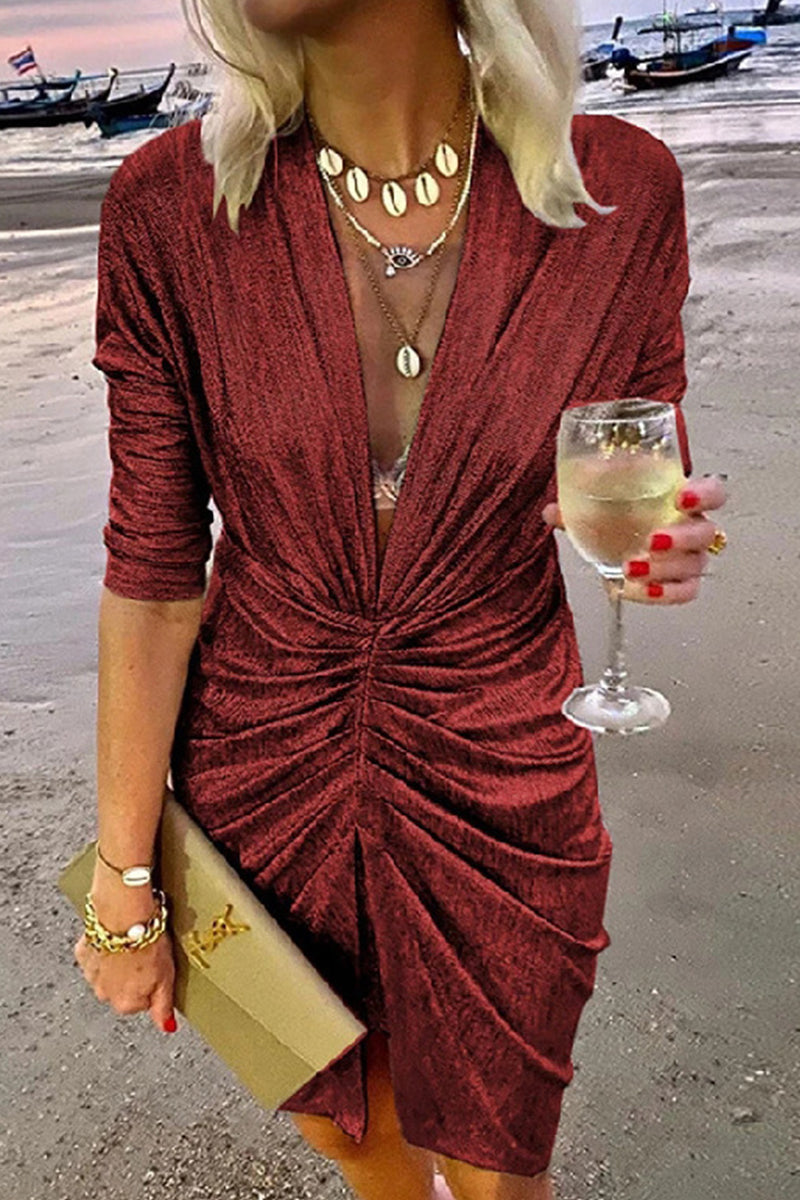 LB | Celebrities Eleganckie plisowane sukienki z dekoltem w szpic (4 kolory)
