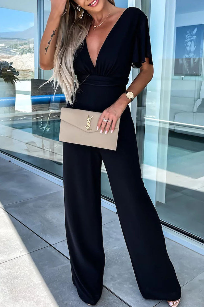 LB | Eleganckie, casualowe kombinezony z dekoltem w serek w jednolitym kolorze