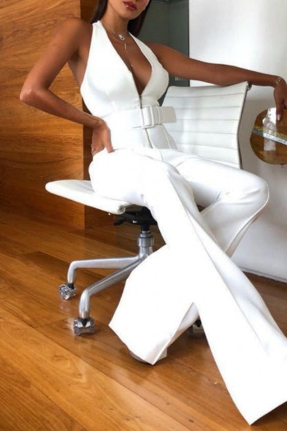 LB | Casualowe kombinezony bez pleców z paskiem Halter Skinny Jumpsuits