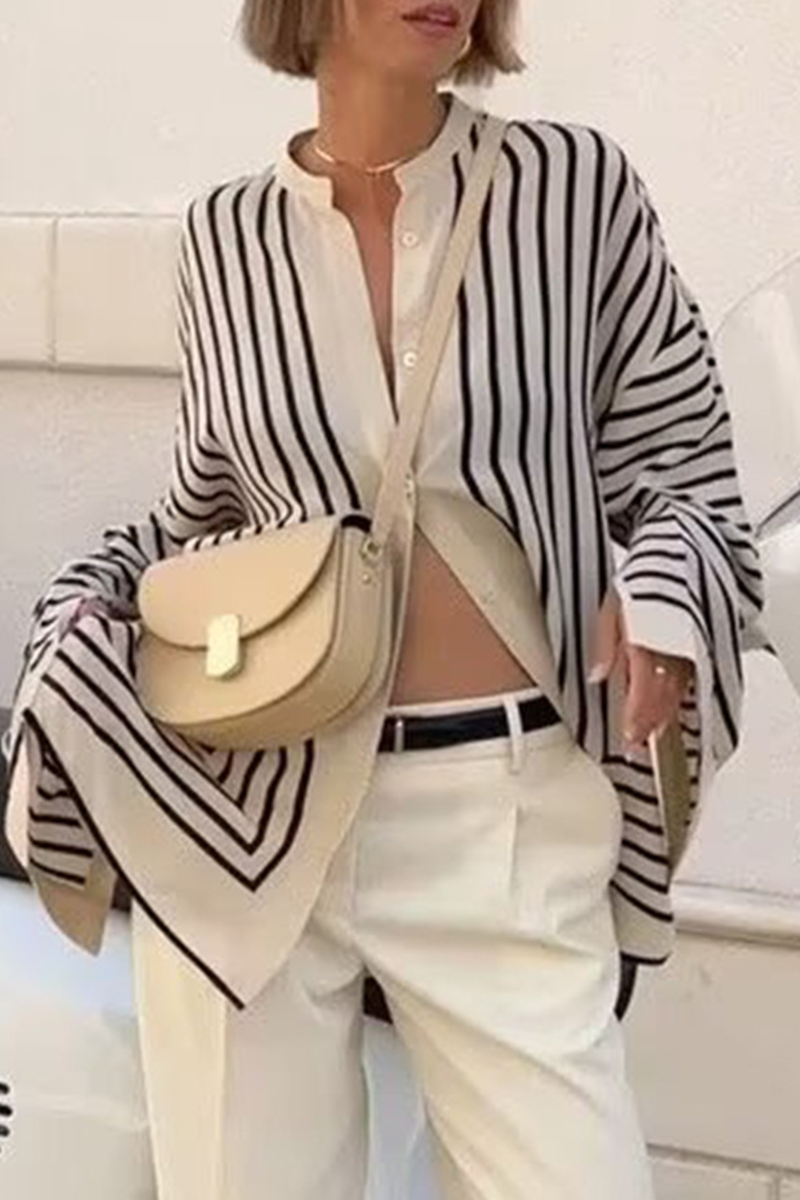 LB | Casual Stripe Buttons Slit Contrast O Neck Blouses