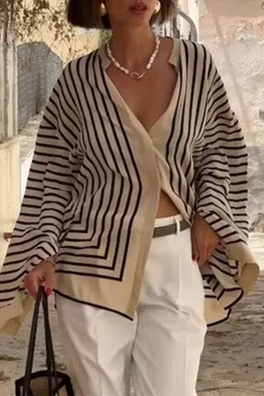 LB | Casual Stripe Buttons Slit Contrast O Neck Blouses