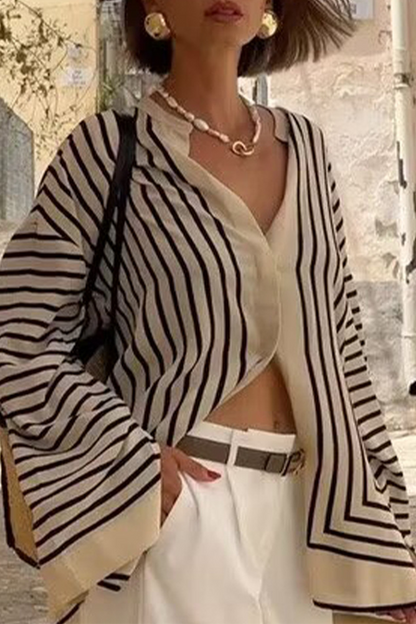 LB | Casual Stripe Buttons Slit Contrast O Neck Blouses
