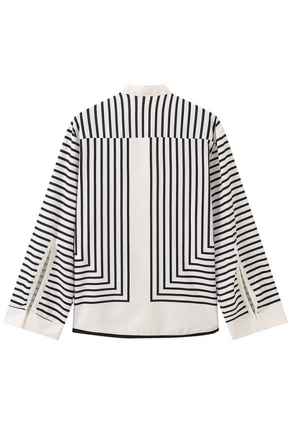 LB | Casual Stripe Buttons Slit Contrast O Neck Blouses