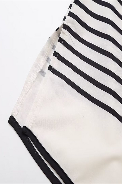 LB | Casual Stripe Buttons Slit Contrast O Neck Blouses