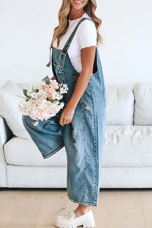 LB | Casual Distressed Guziki Kwadratowy dekolt Bez rękawów Luźne dżinsowe kombinezony