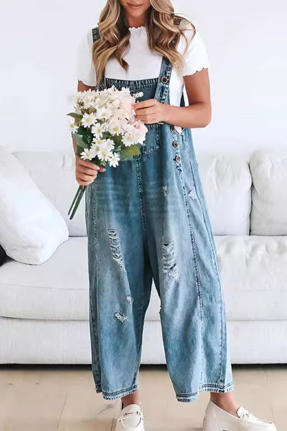 LB | Casual Distressed Guziki Kwadratowy dekolt Bez rękawów Luźne dżinsowe kombinezony